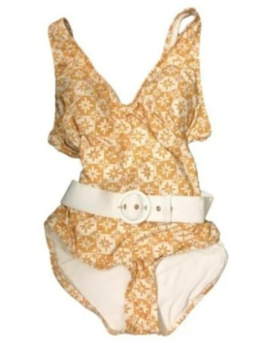 Modcloth Yellow Print Belted One Piece Swimsuit Sz 1X